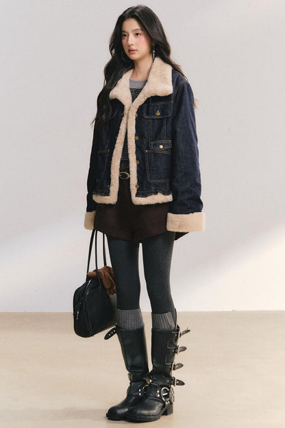 Denim Lace Trim Fur Coat