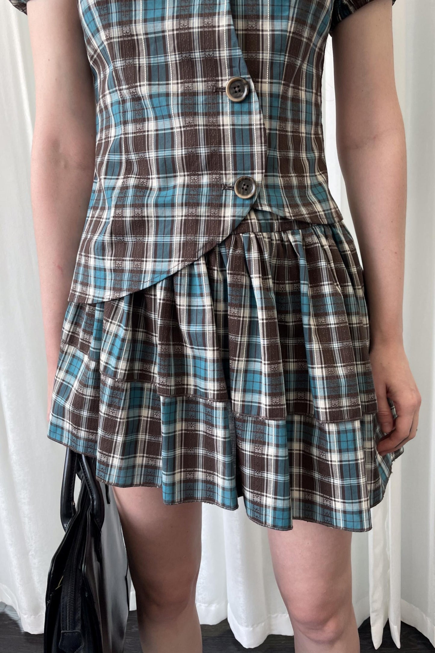 Blue Plaid Two-Piece Top Skirt Set-Up