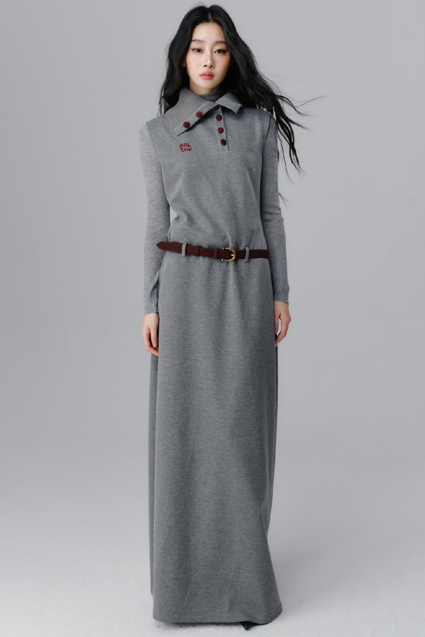 Polo Neck Gray Long Dress Set-up