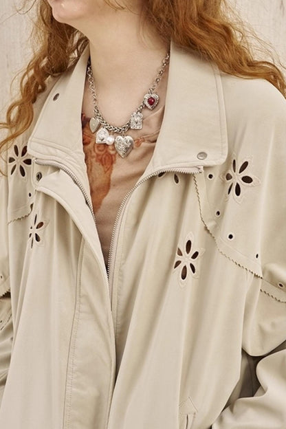 Embroidered Stand Leather Jacket