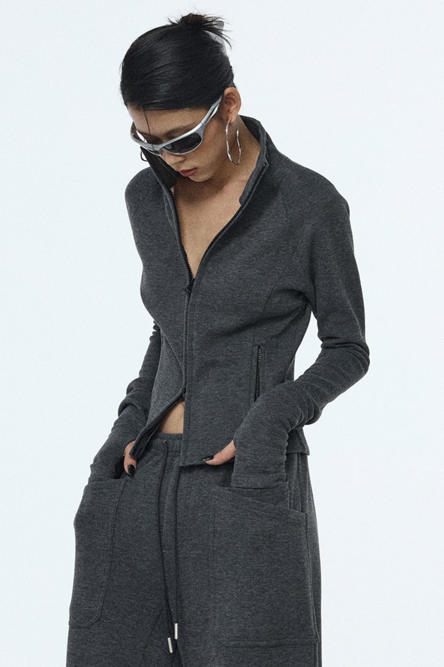 Gray Zipper Slim-Fit Top & Pants Set-Up