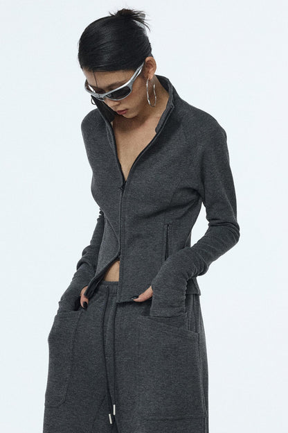 Gray Zipper Slim-Fit Top & Pants Set-Up