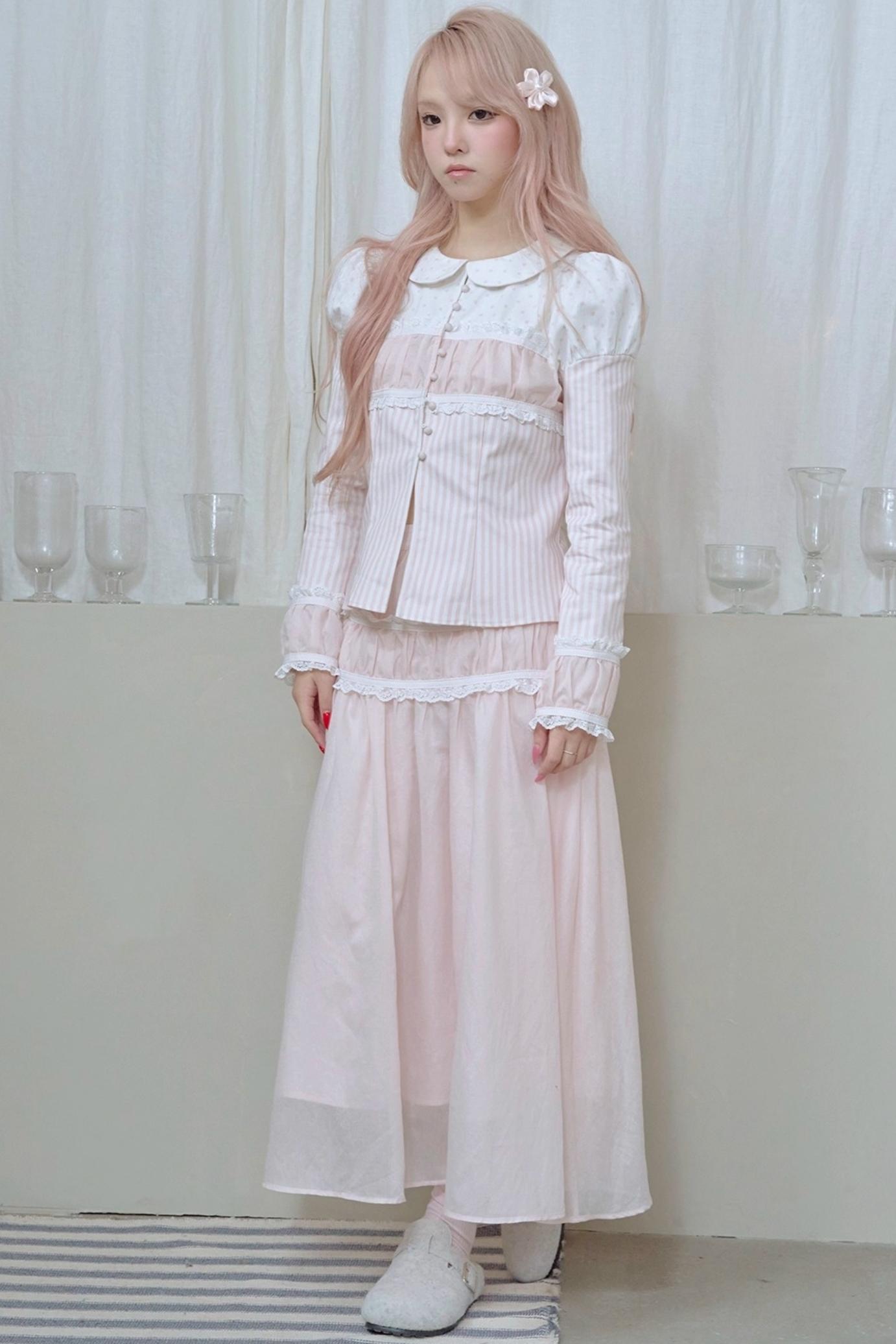 Lace Pleated Panel Pink Long Skirt