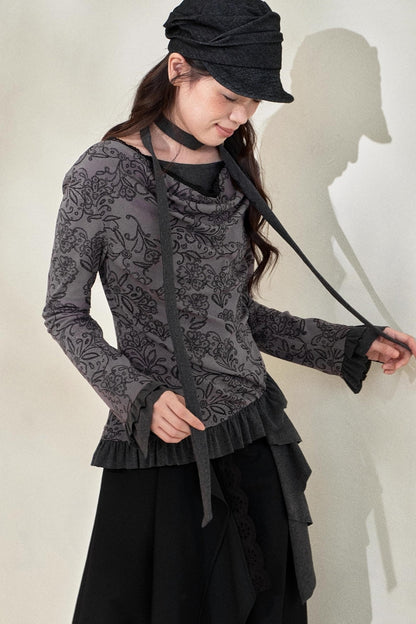 Swing Collar Ruffled Floral Lace Top