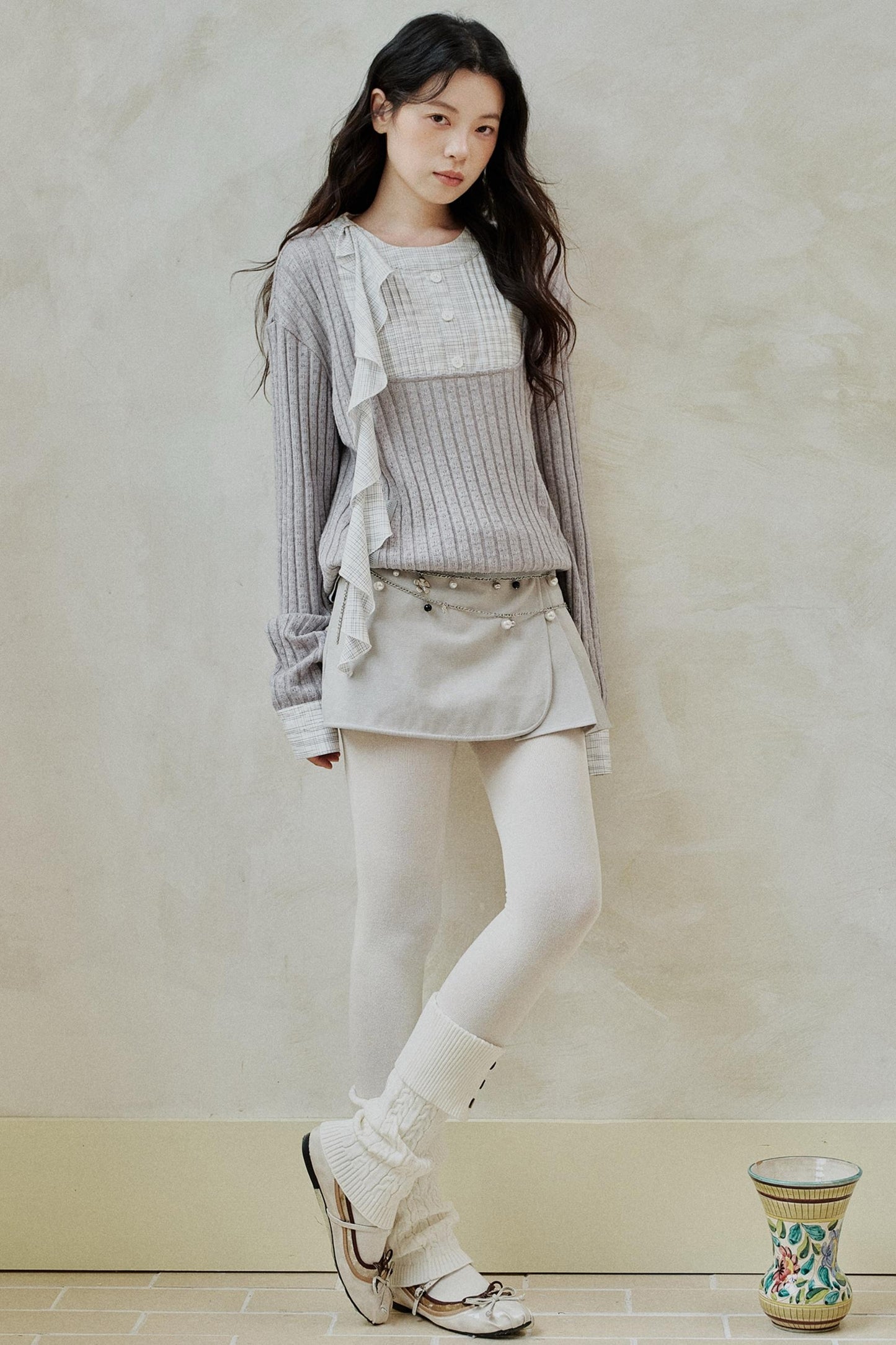 Gray Patchwork Ruffled Knitted Top
