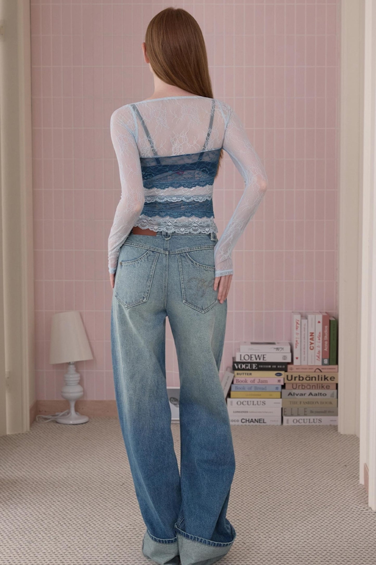 Retro Fashionable Sweet Cuffed Wide-leg Jeans