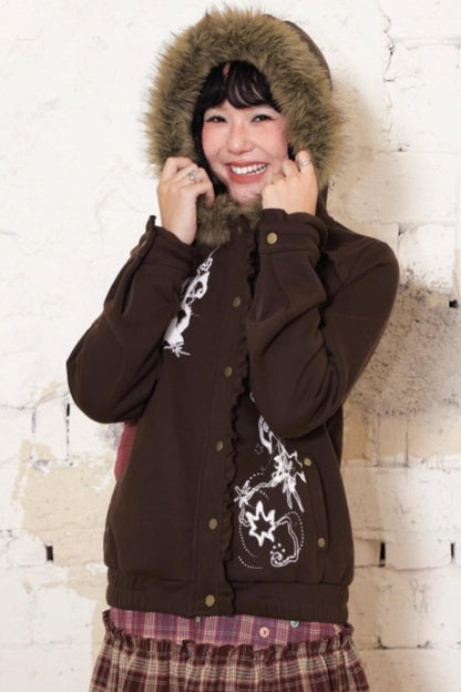 Dark Brown Hooded Jacket Skirt Set-Up