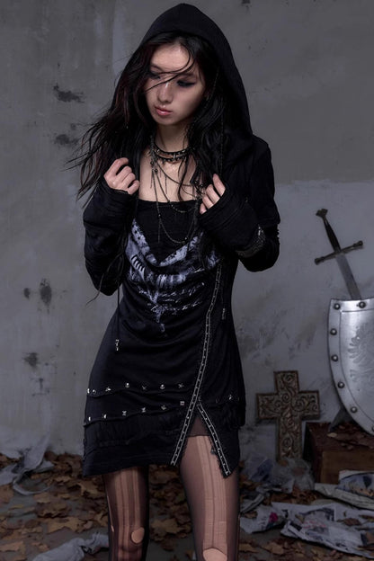 Rock Swing Collar Print Long Sleeve Dress