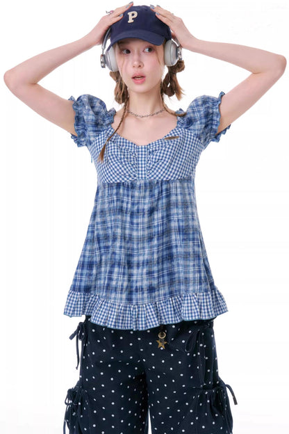 Checkered Plaid Puff Sleeve T-Shirt