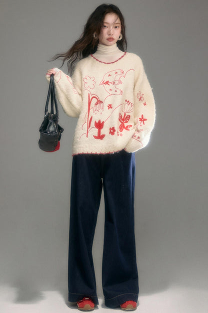 Snowy Field Tulip Embroidery Top