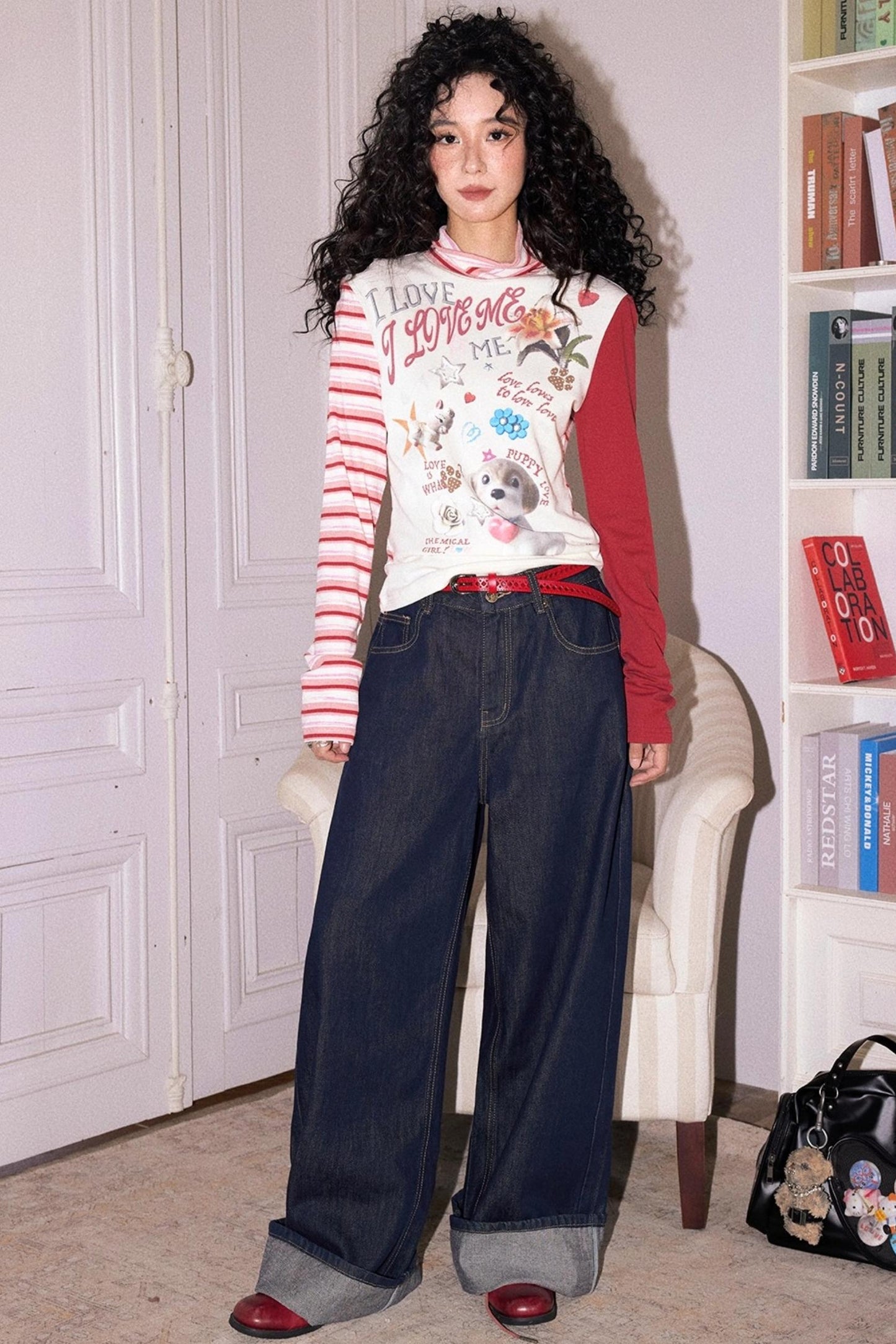 High-Neck Asymmetrical Print T-Shirt