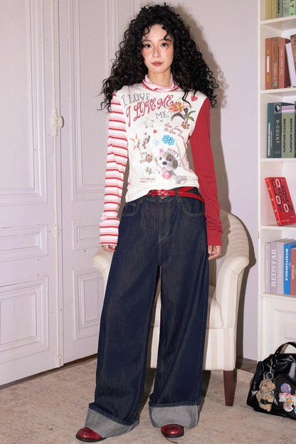 High-Neck Asymmetrical Print T-Shirt