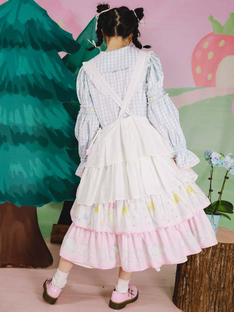 Swan Embroidery Layered Drawstring Apron Dress