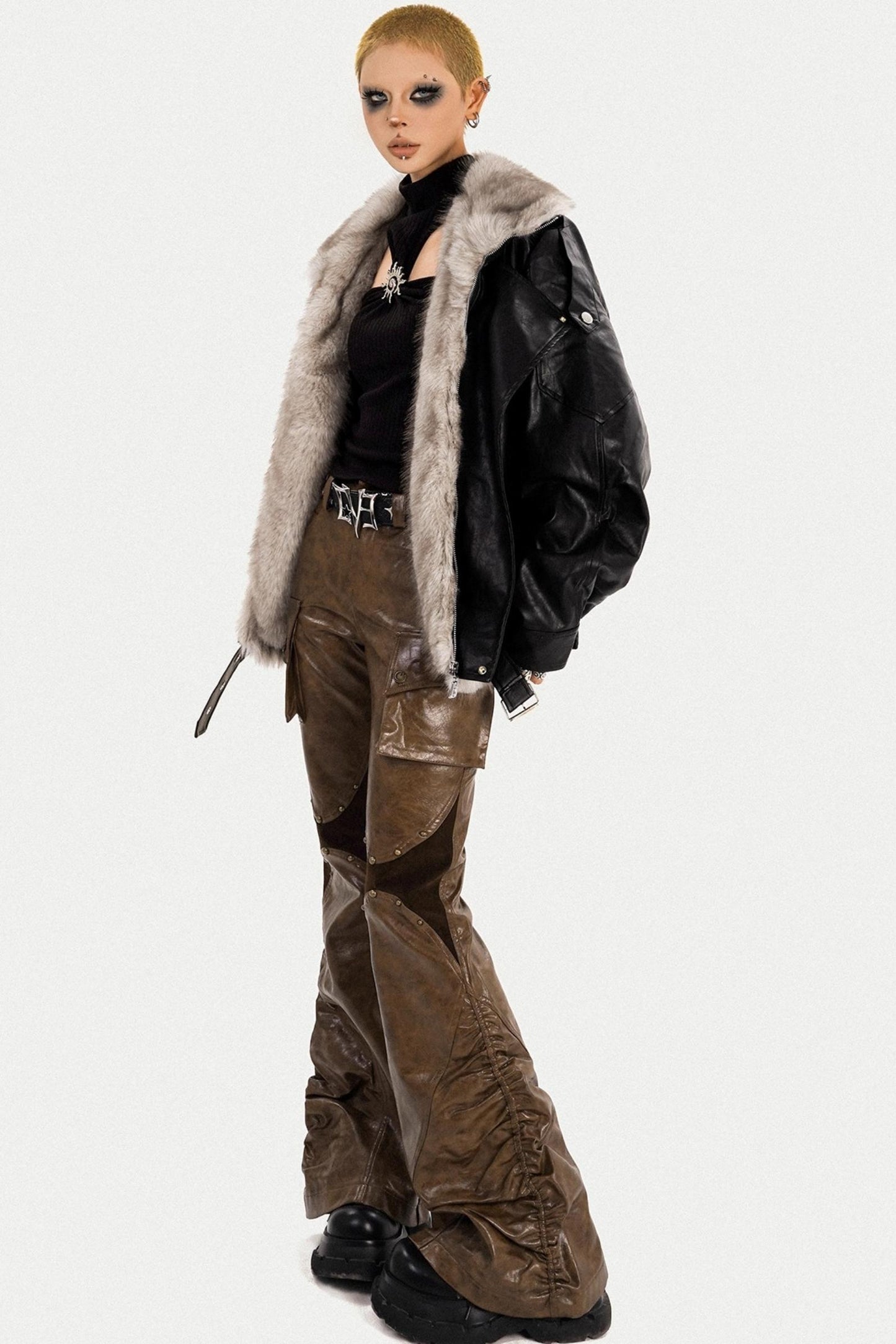 Thickened Pu Leather Fur Collar Jacket