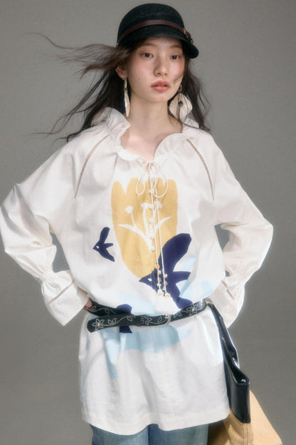 Tulip Bird Print Wood Ear Collar Long Top