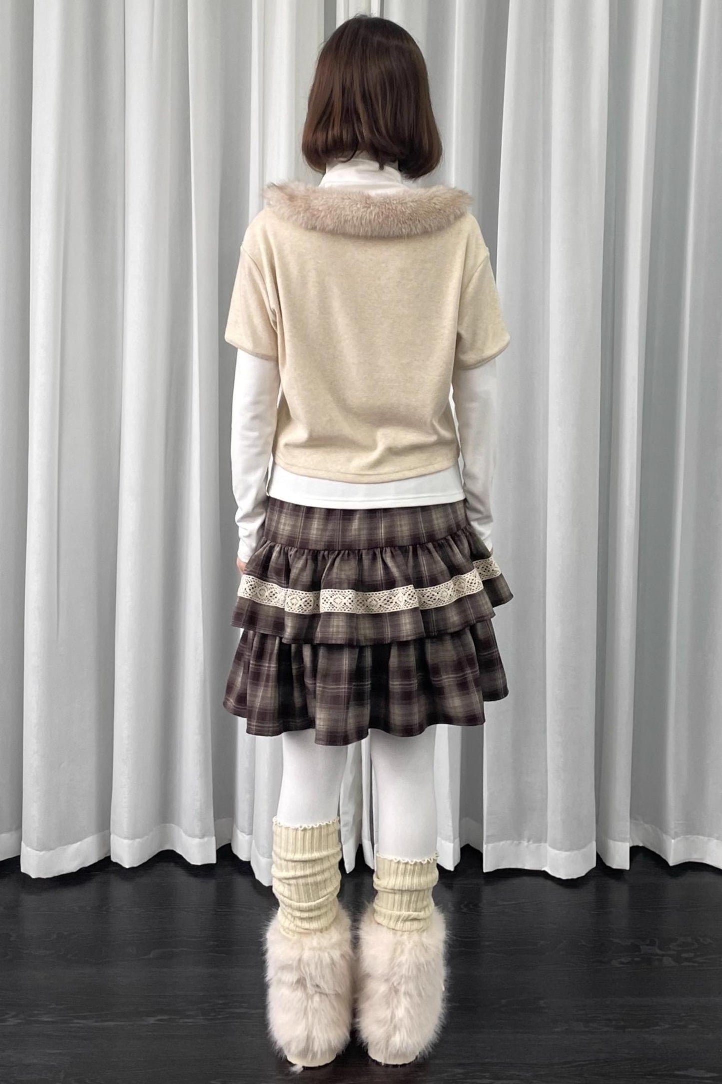 Beige Fur Collar Layered Top