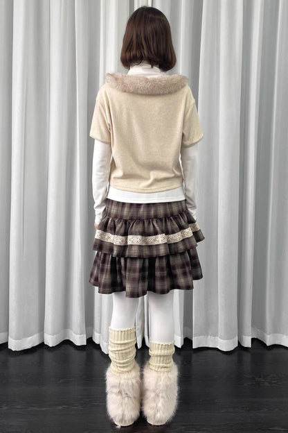 Beige Fur Collar Layered Top