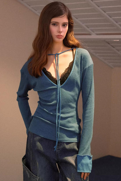 Sweet Tie V-Neck Blouse Top