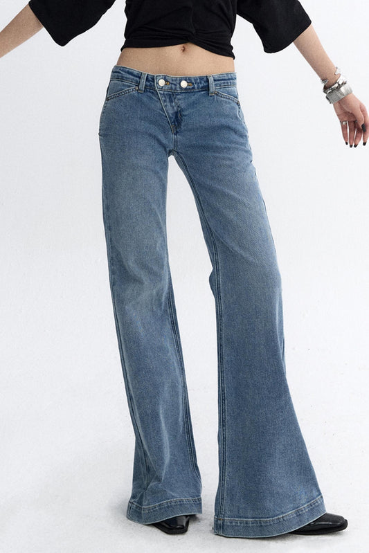 Deconstructed Washed Blue Bootcut Pants