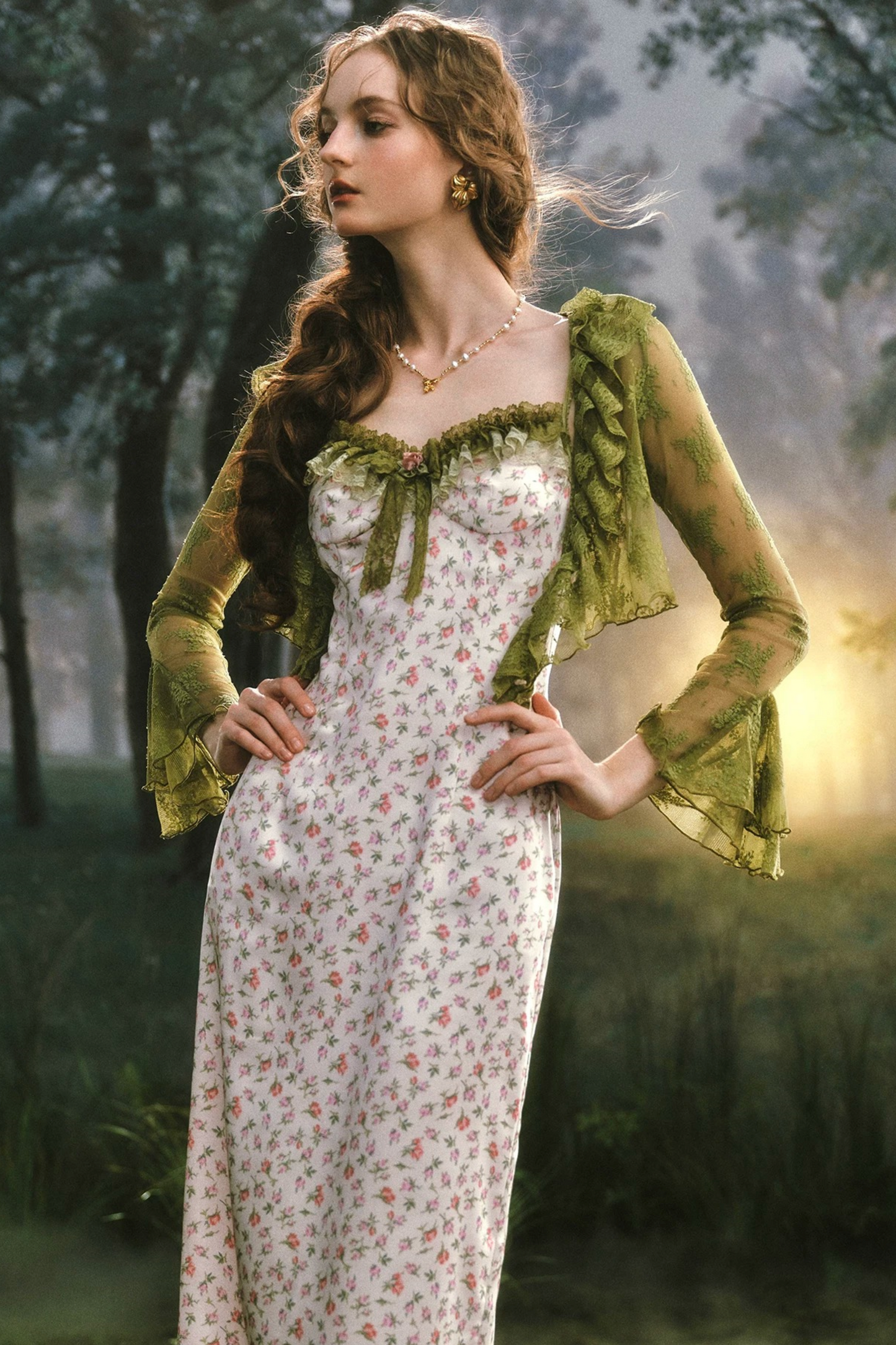 Printed Satin Dress Lace Set-Up