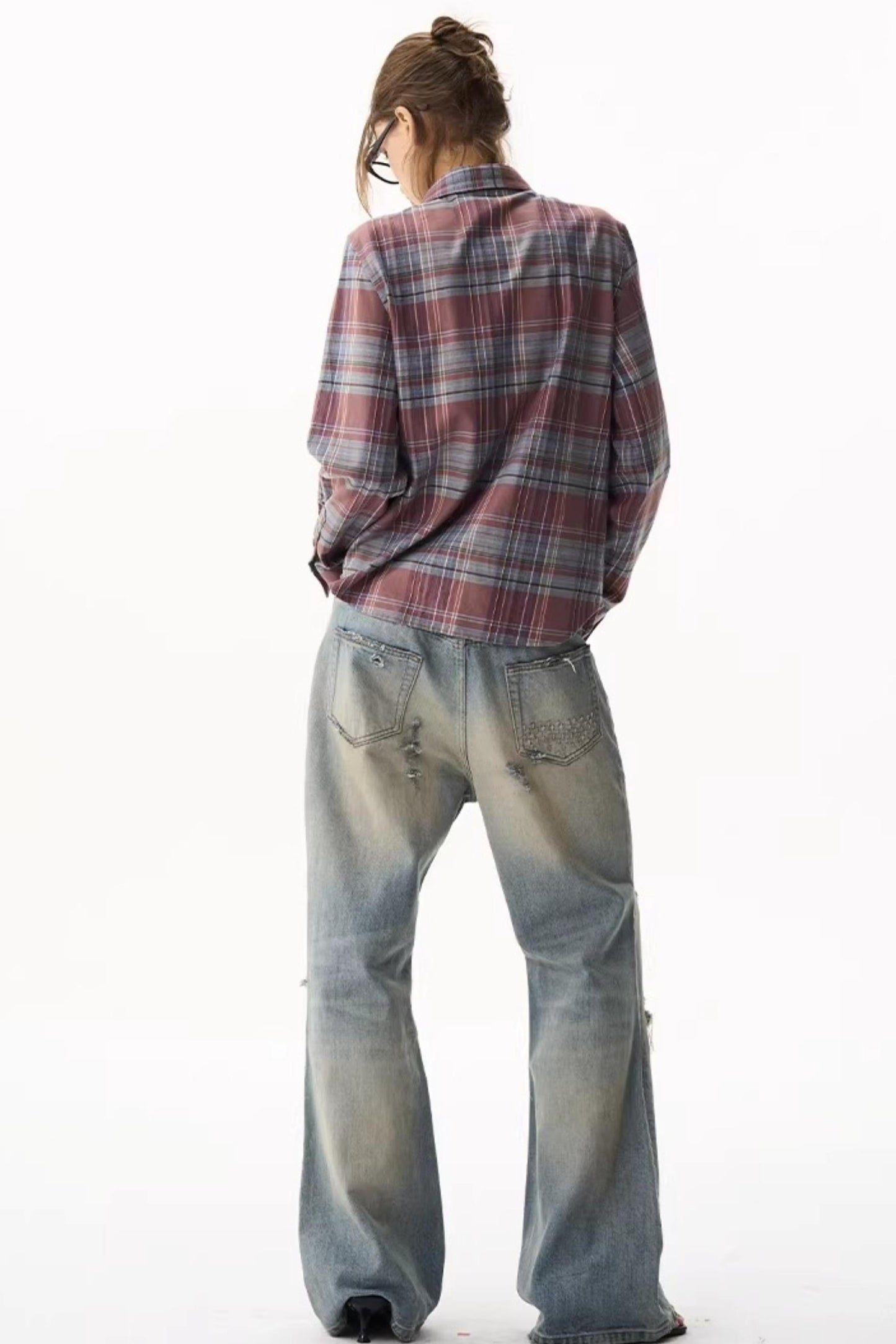 Exitmode Short Plaid Embroidered Shirt