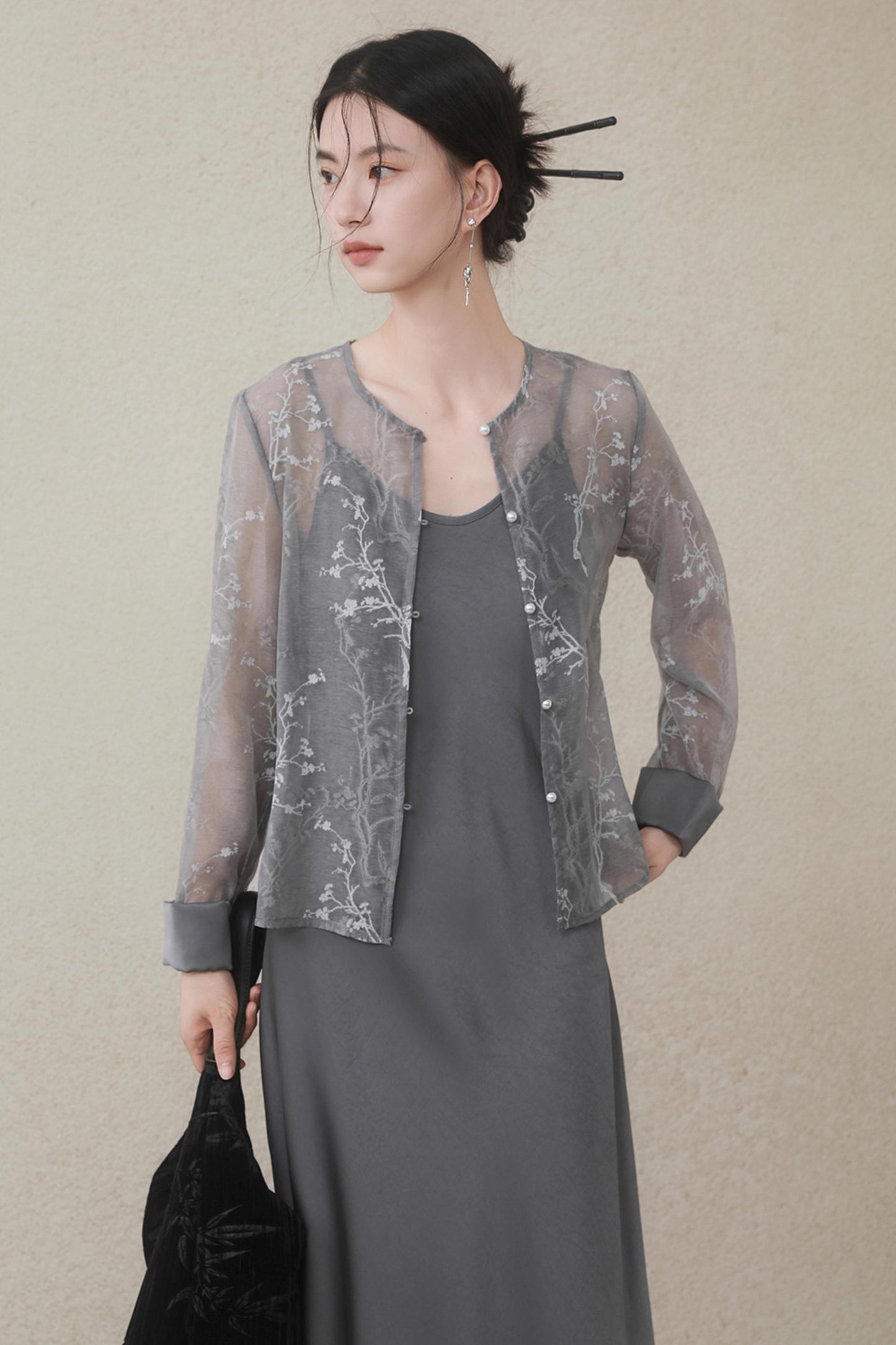 Plum Blossom Cardigan & Satin Dress Set