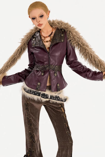 Vintage Leather Fur Collar Jacket