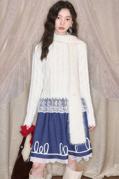 Embroidered Patchwork Denim A-Line Skirt