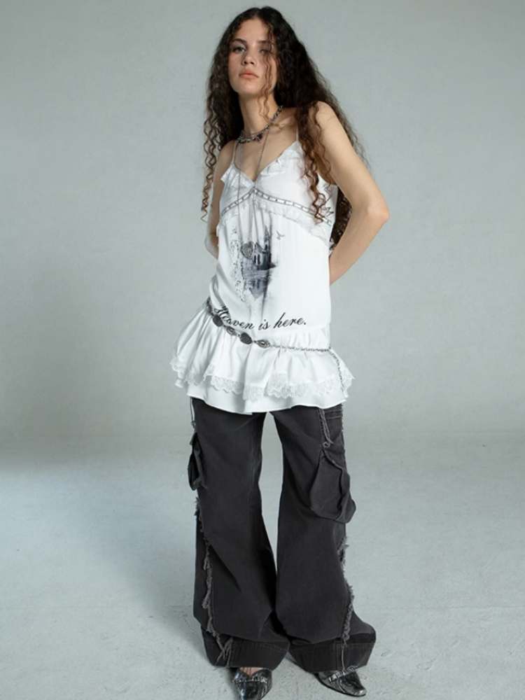 Straight Loose Washed Distressed Trumpet Mop Pants