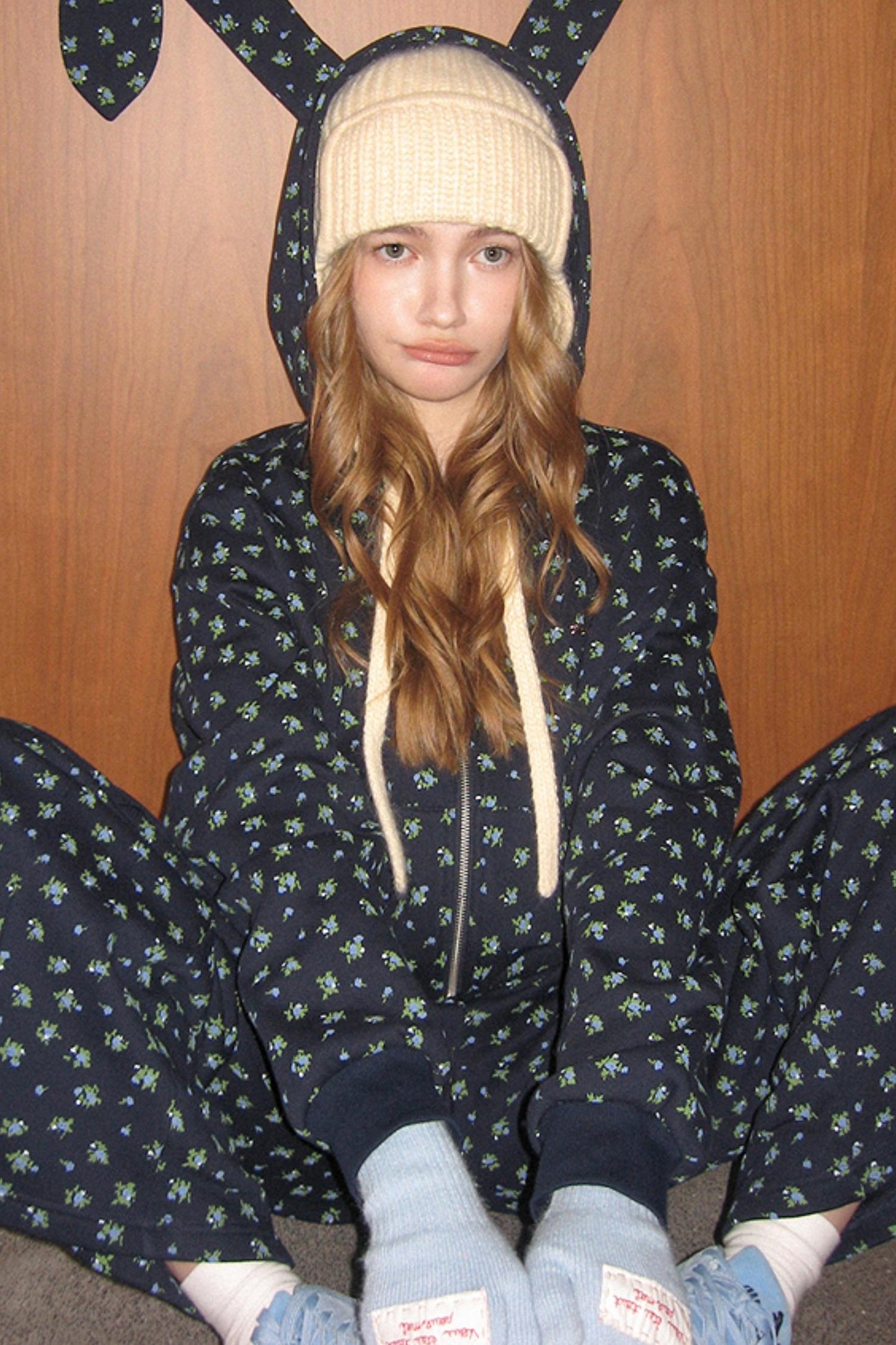 Navy Blue Floral Hooded Jacket Set-Up