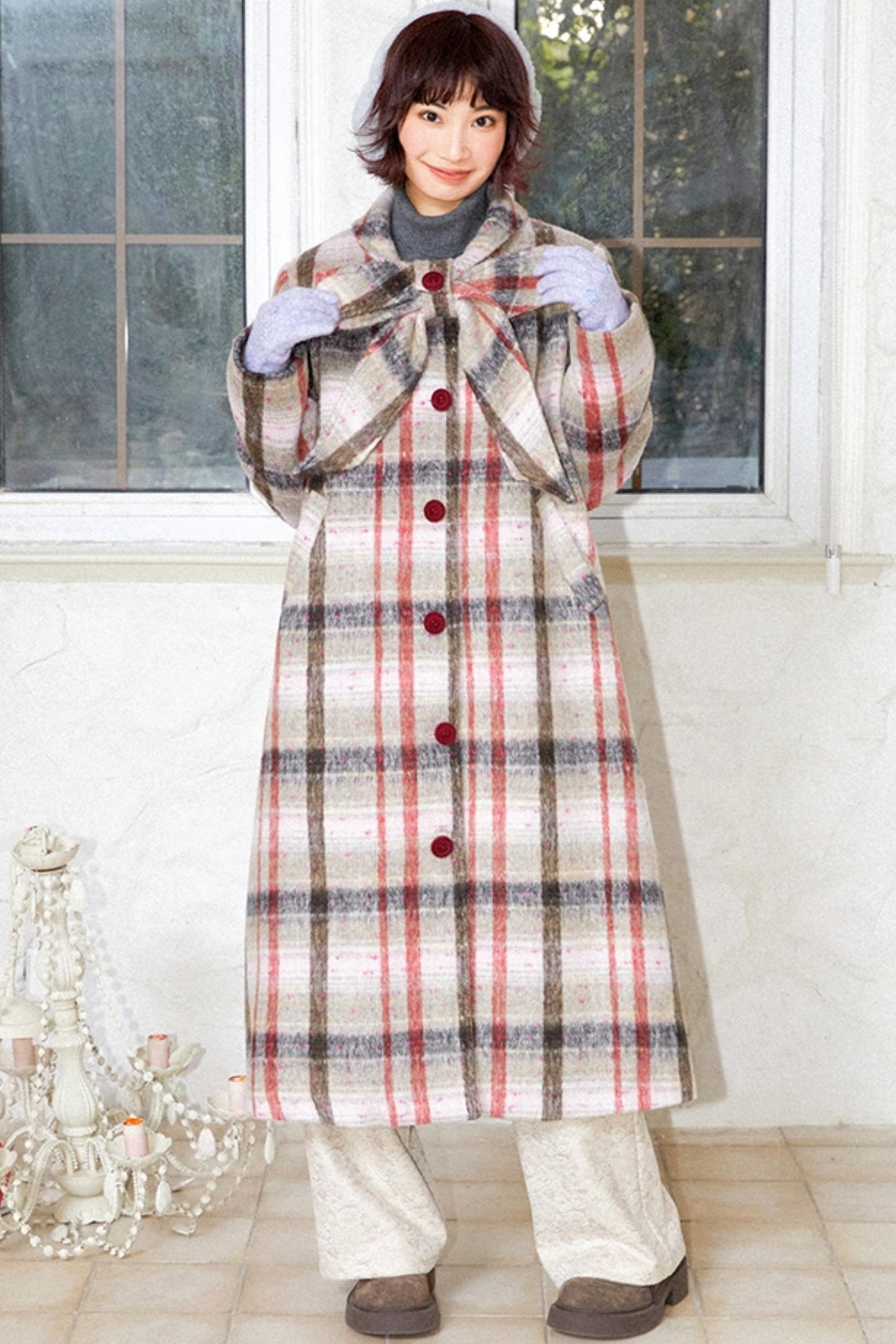 Elegant Bow Tartan Coat