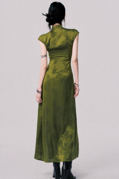 Vintage Moss Green Jacquard Cheongsam Dress