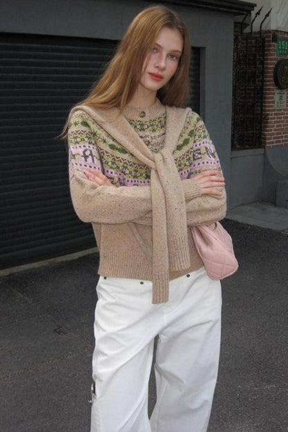 Khaki Fair Isle Wool Cardigan