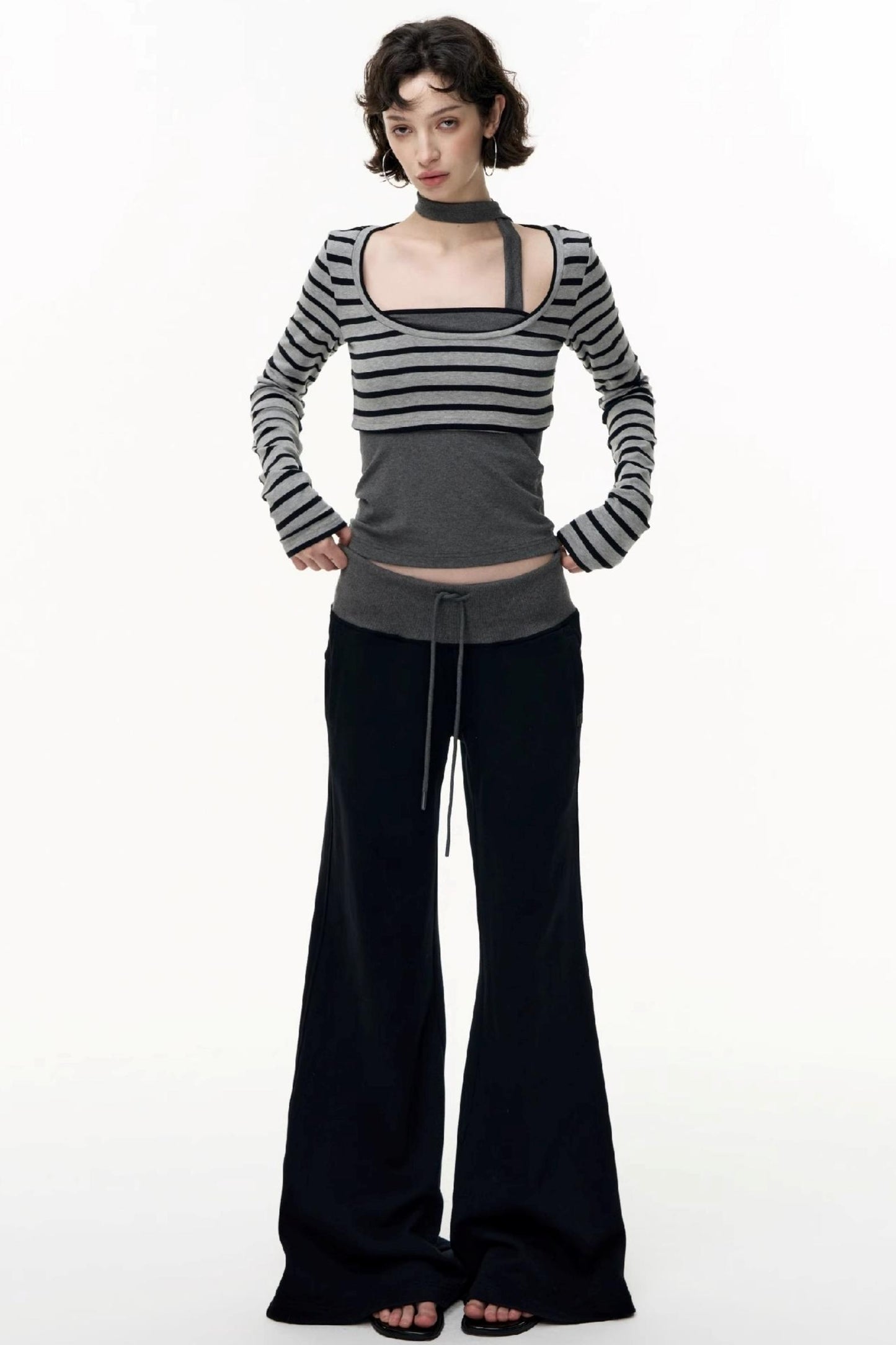 Contrast Long-Sleeved Top With Bandeau Set