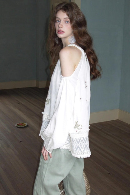 Neoclassical Embroidery Off-the-Shoulder Top
