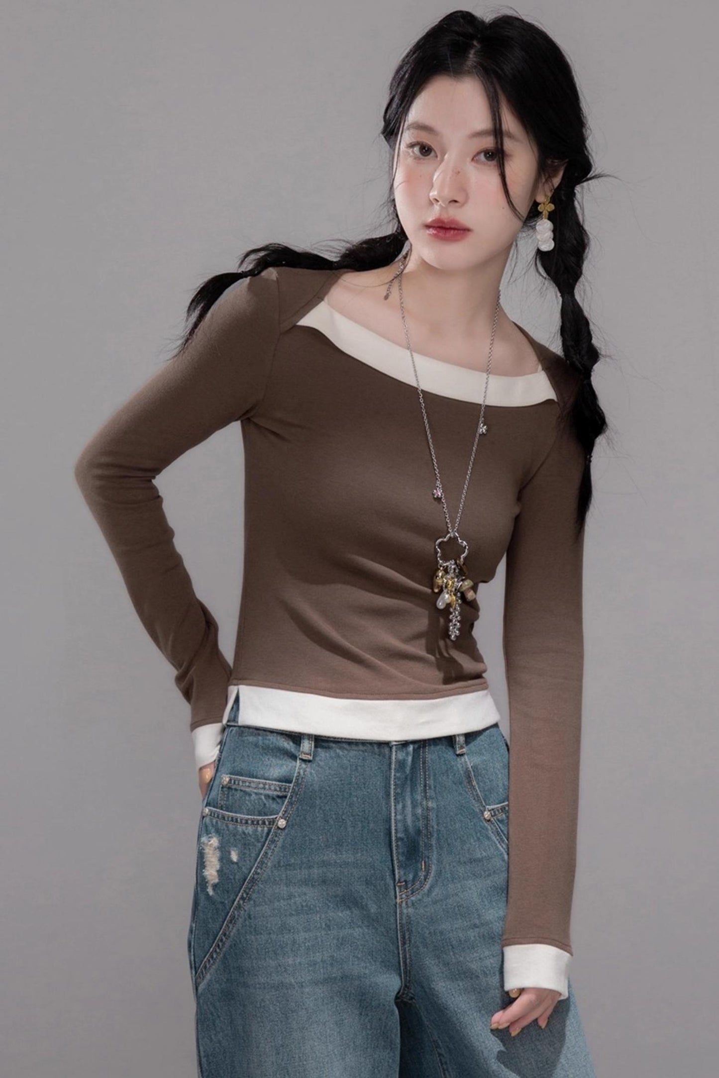 Collar Contrasting Knitted Top & Skirt Set