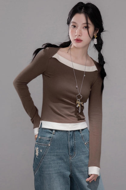 Collar Contrasting Knitted Top & Skirt Set