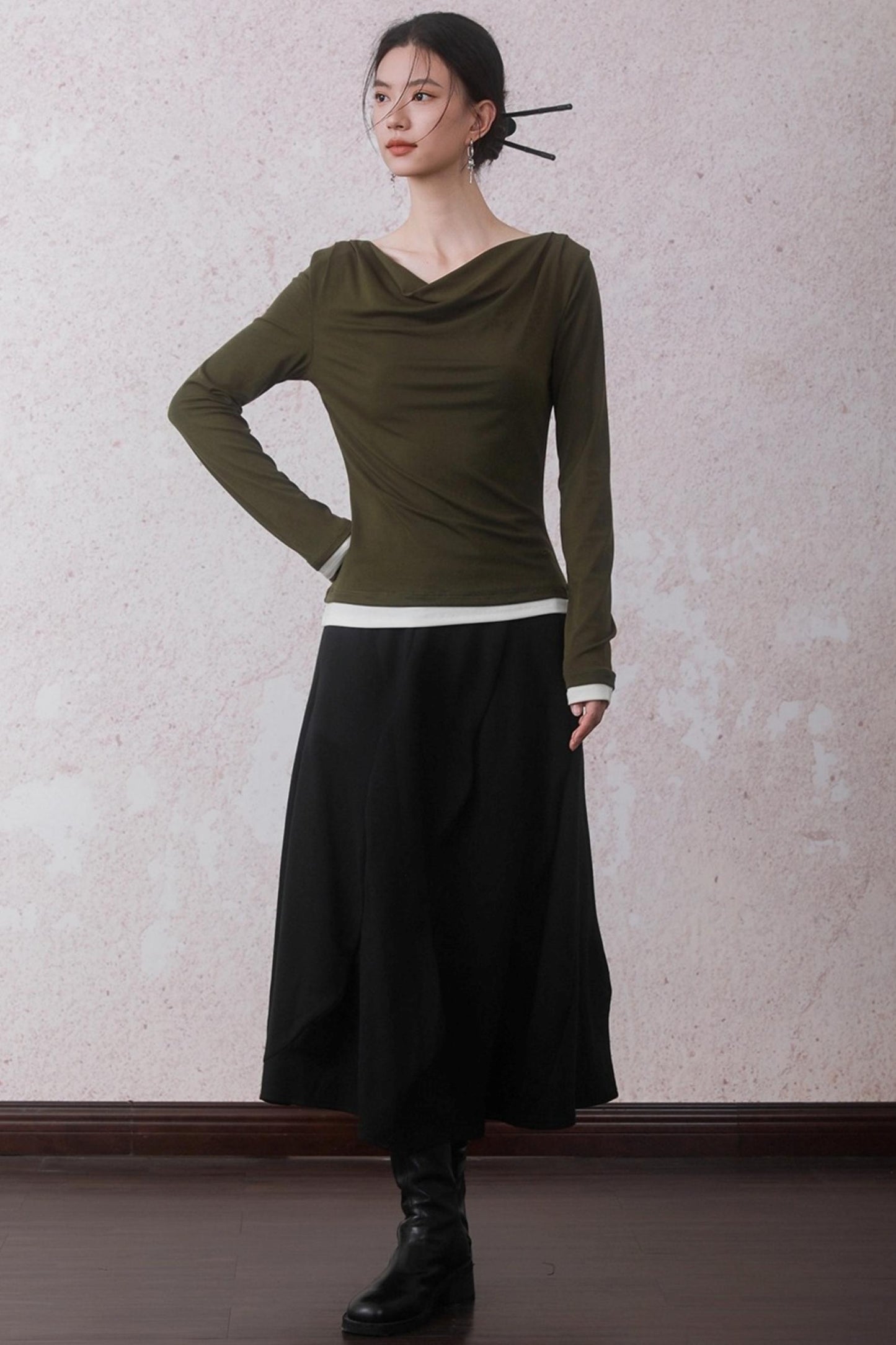Tencel Lyocell Olive Green Swing Collar T-Shirt