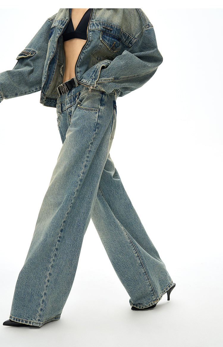 High Waist Double Waist Straight Wide Denim