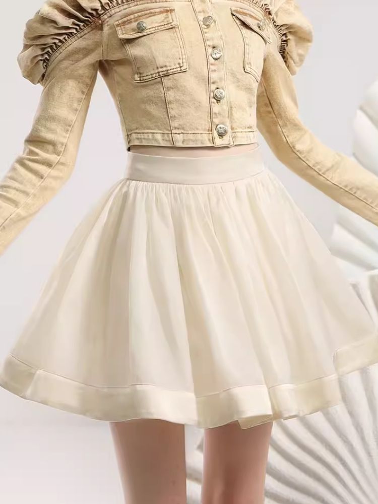 Khaki Denim Top Organza Half Skirt Two Piece Set