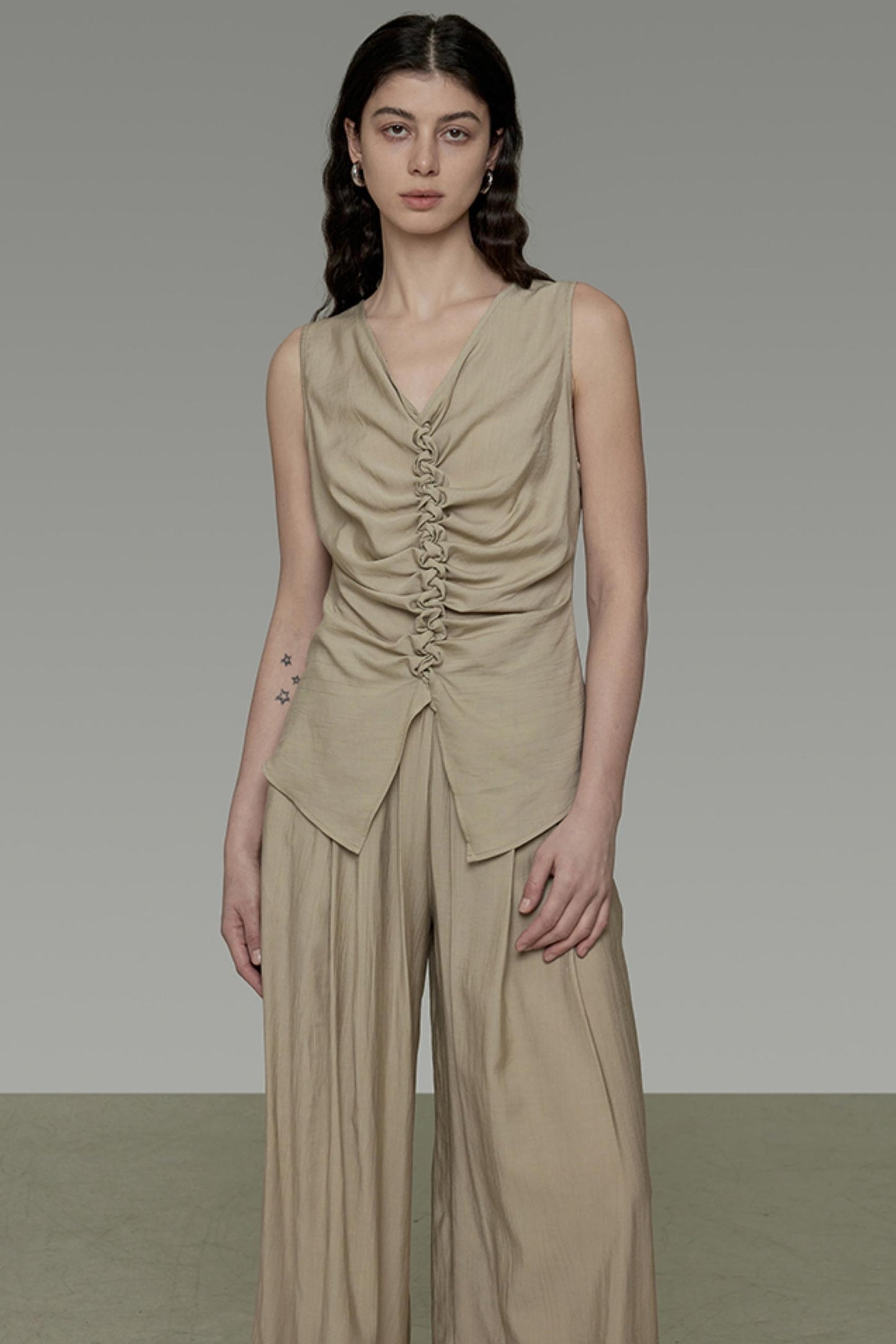 Khaki V-Neck Sleeveless Top