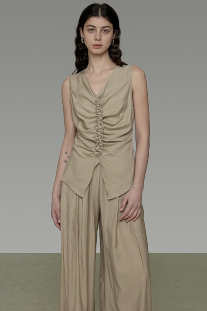 Khaki V-Neck Sleeveless Top