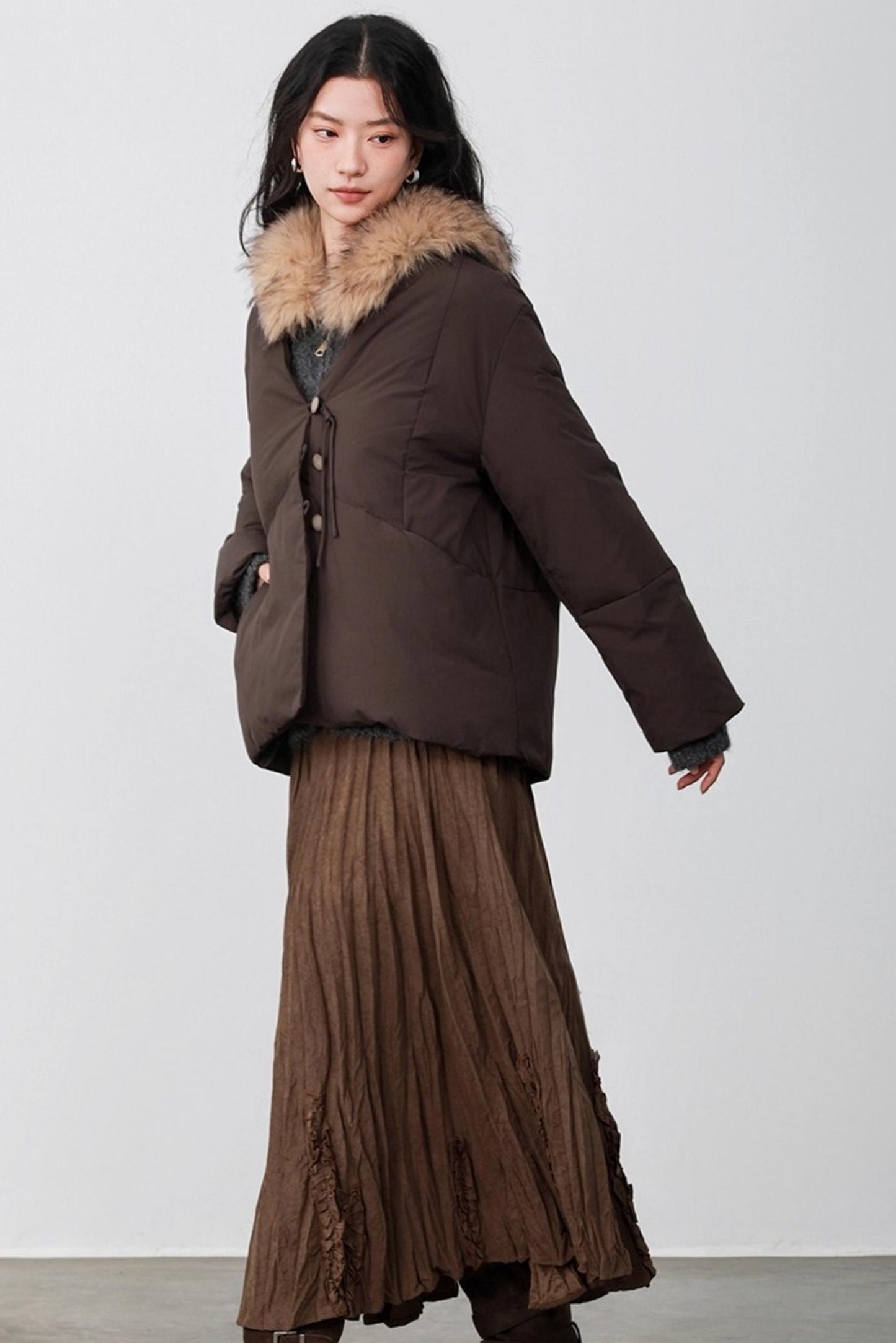 Fog Gray Fur Collar Hooded Jacket