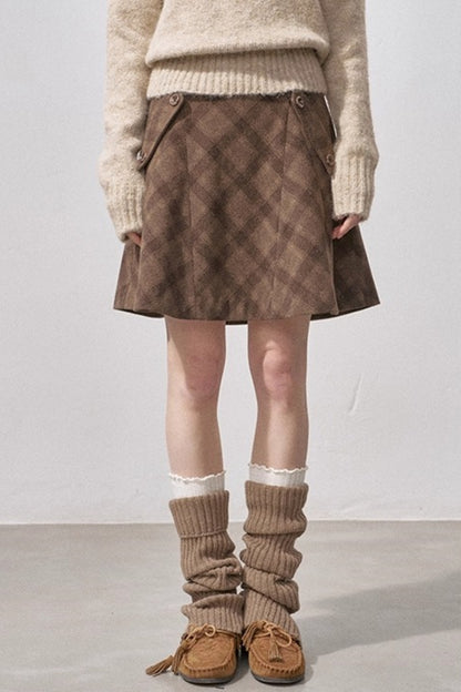 Split Wool Plaid A-Line Skirt