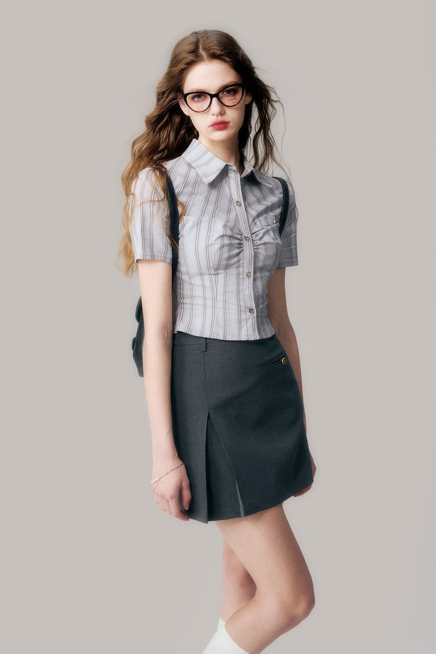 Blue stripe gathered shirt