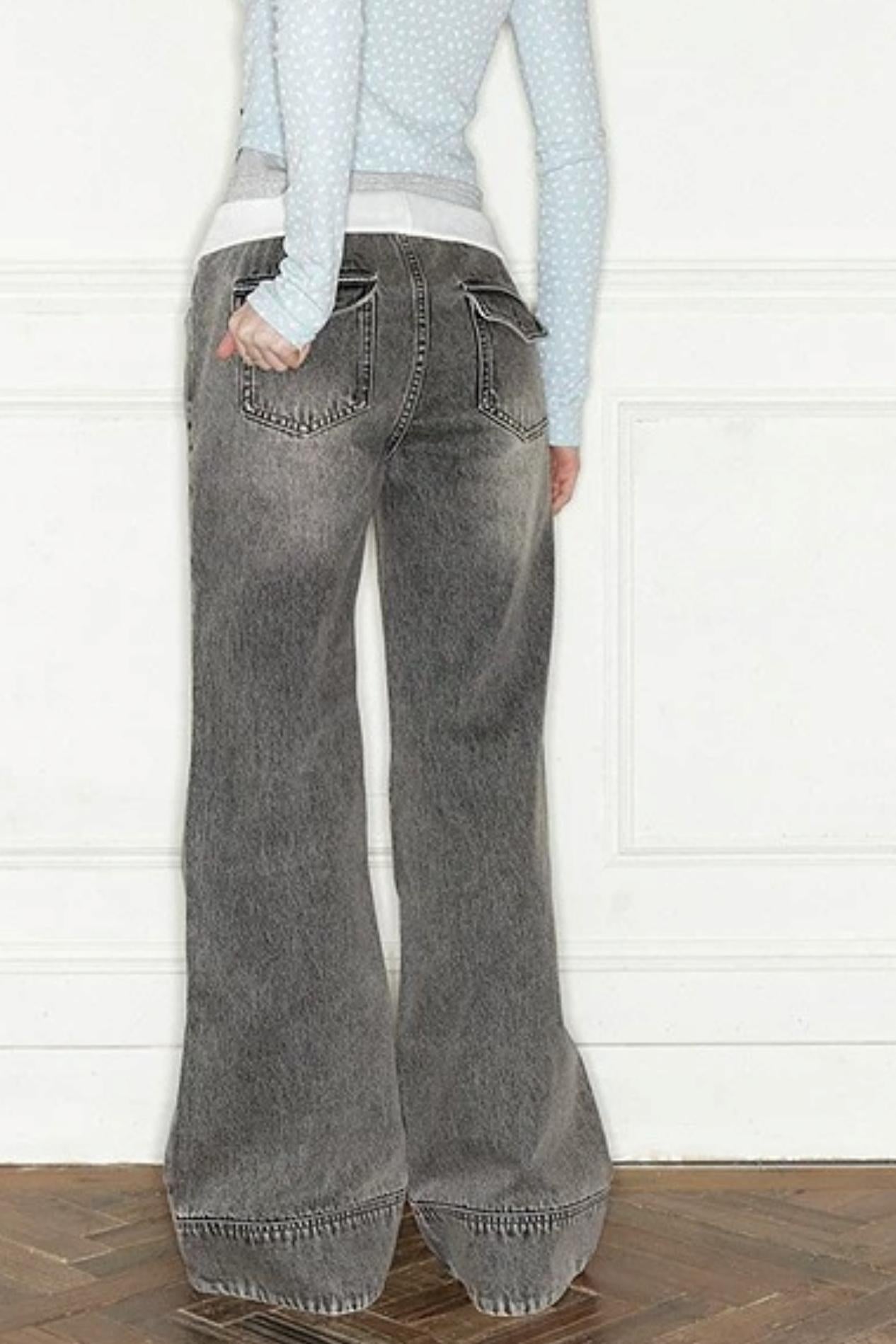 Gray Distressed Wide-Leg Jeans