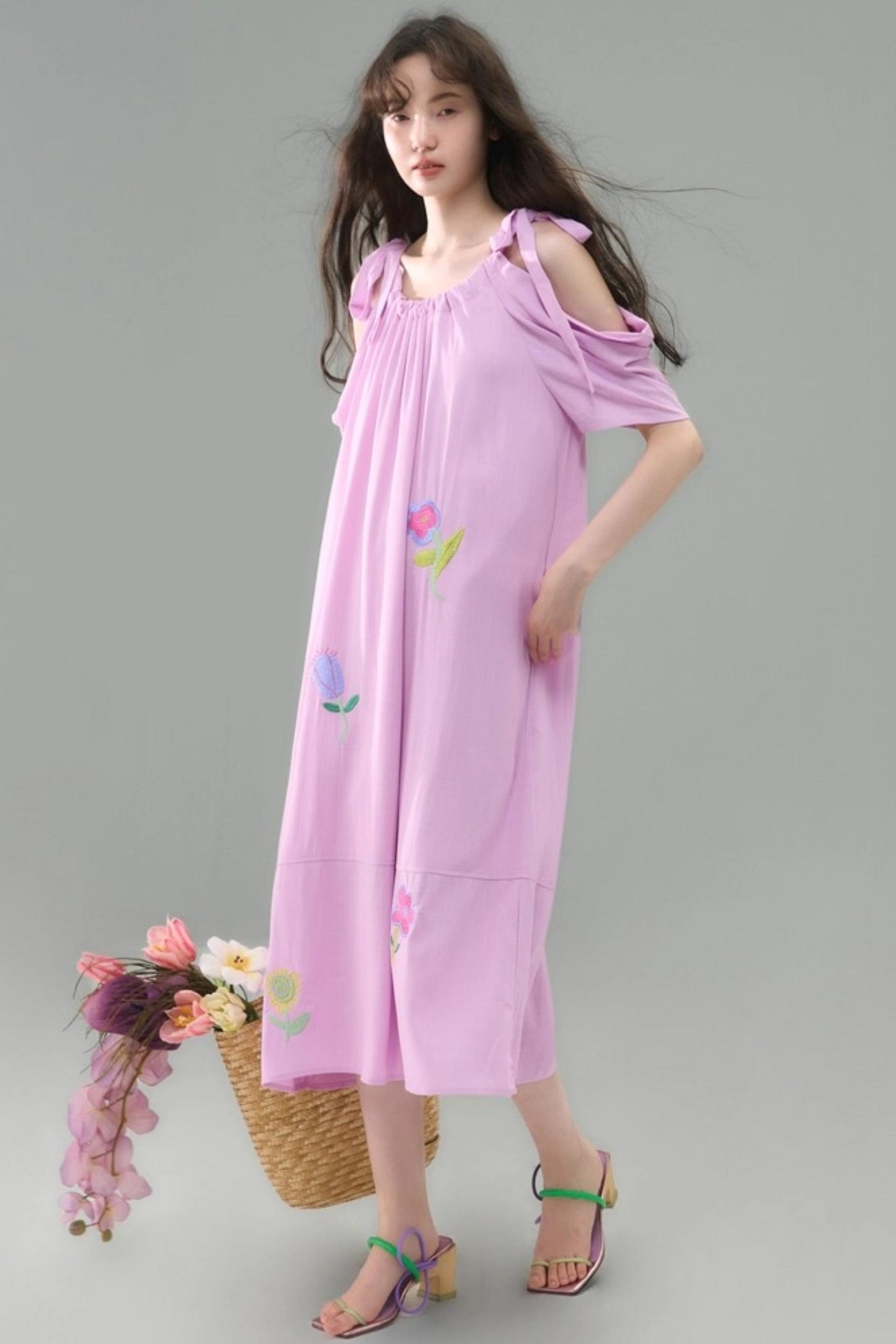 Sweet Peach Nectar Linen Embroidery Dress