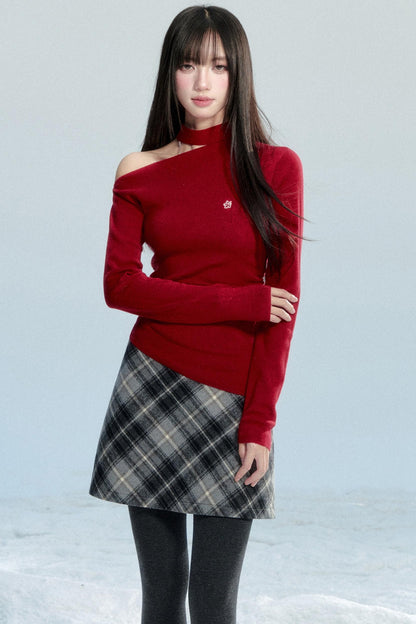 Red Off-Shoulder Knit Top