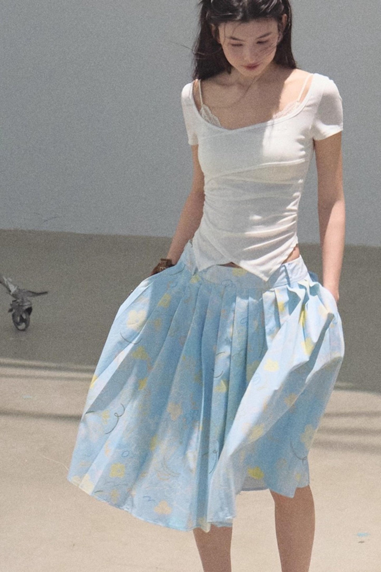 Poplin Pleated Midi Skirt