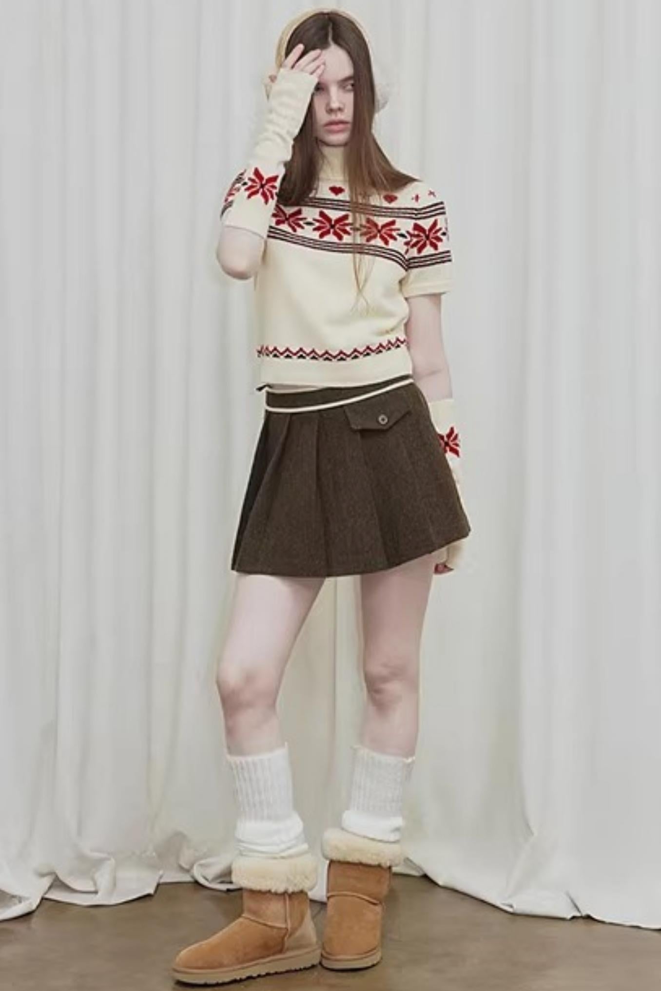 Brown Woolen Pleated Skirt